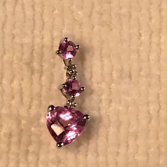 Pink Sapphire Triple Stone Heart Drop Pendant 10K - Picture 2 of 11